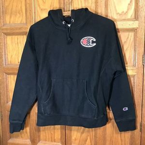 Champion Reverse Weave Big C Logo Patch Pullover Hoodie‎ Sweatshirt Black Medium